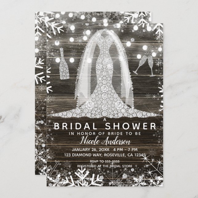 Convites Chá de panela de Vestido de Casamento de Neve Diam (Frente/Verso)