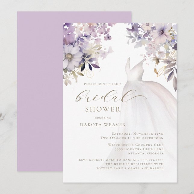 Convites Chá de panela de Vestido Dourado Roxo (Frente/Verso)