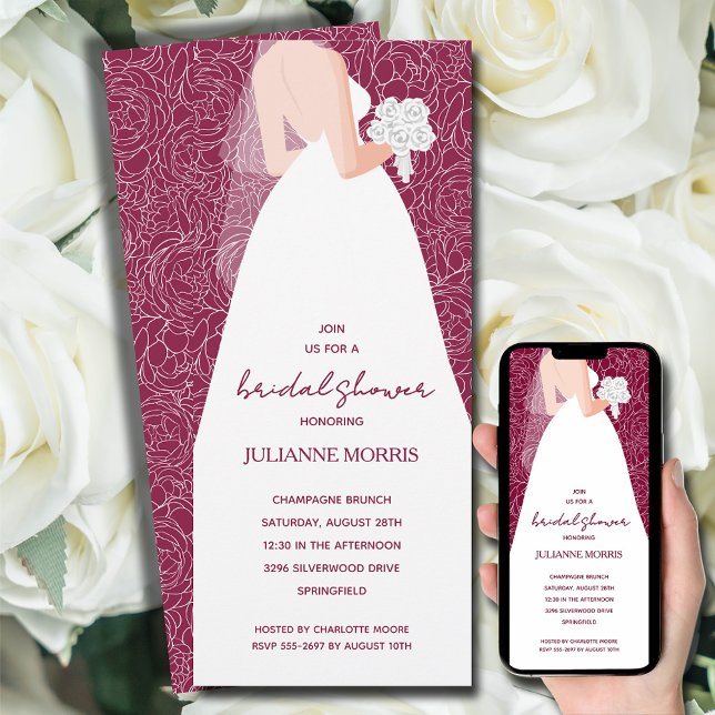 Convites Chá de panela De Vestido Elegante (Bride in her wedding dress overlays white rose sketch pattern on cranberry bridal shower invitations)
