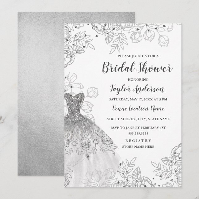 Convites Chá de panela de Vestido Floral da Silver White Vi (Frente/Verso)