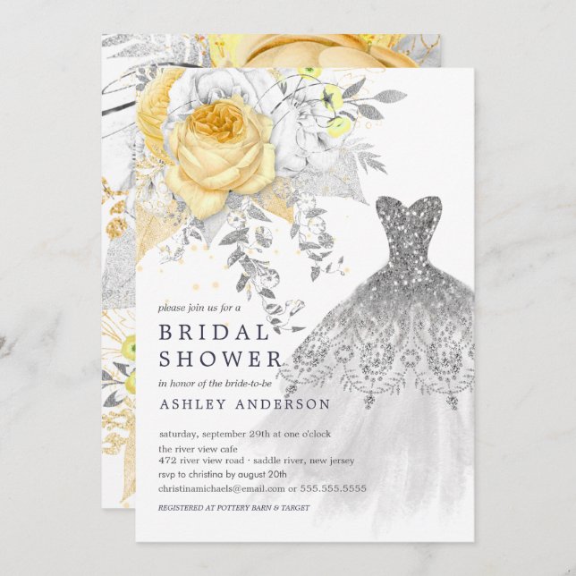 Convites Chá de panela de Vestido Floral Dourado e Silver (Frente/Verso)