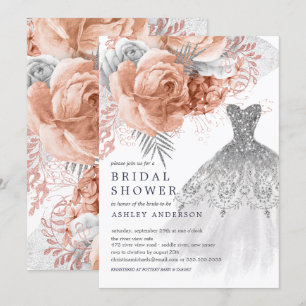 Convites Chá de panela de Vestido Floral Peach & Silver