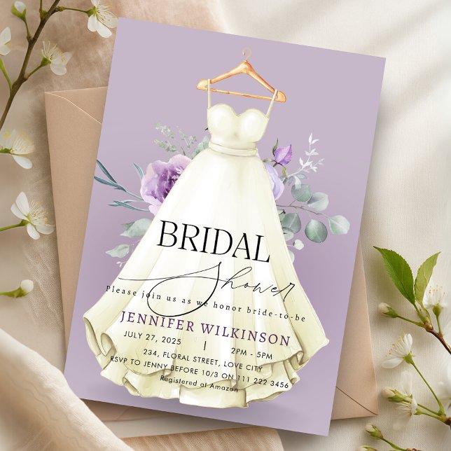 Convites Chá de panela de vestidos de lavanda (Lavender Wedding Gown Dress Bridal Shower Invitation)