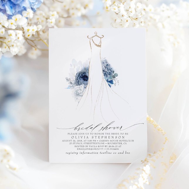 Convites Chá de panela de vestir de Marinho e azul poeirent (Dusty Blue Bridal Shower Invitation)