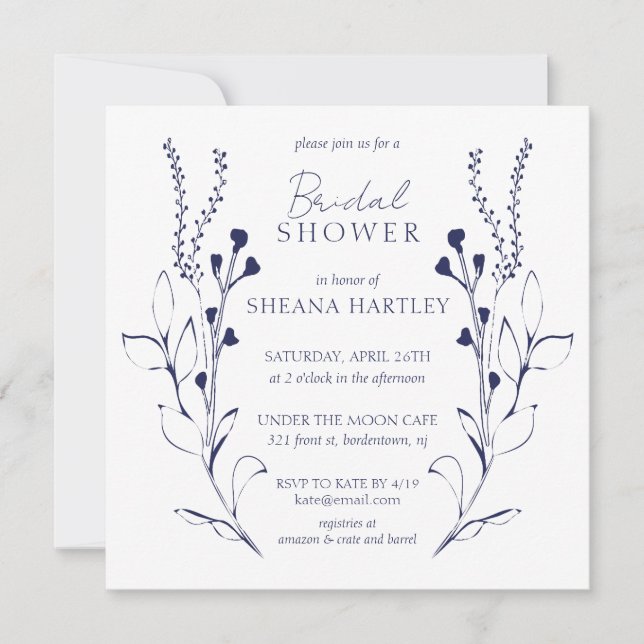 Convites Chá de panela de videiras e flores azuis escuras (Frente)