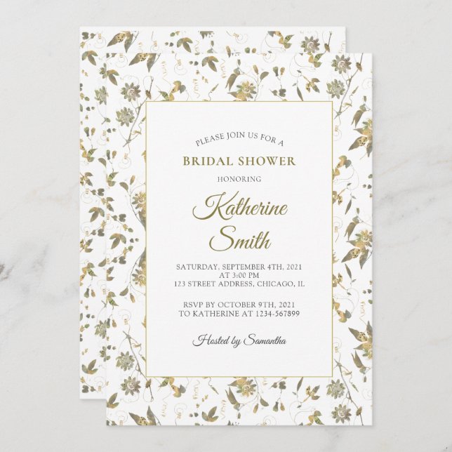 Convites Chá de panela de Vinha das Flores Douradas Elegant (Frente/Verso)