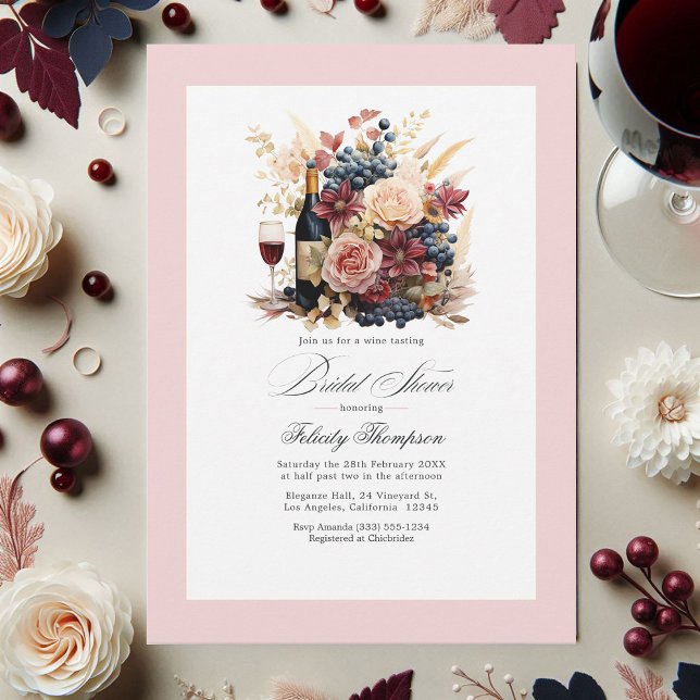 Convites Chá de panela de vinho borgonha, Marinho e borrão (Burgundy, Navy and Blush Floral Wine Bridal Shower Invitation)