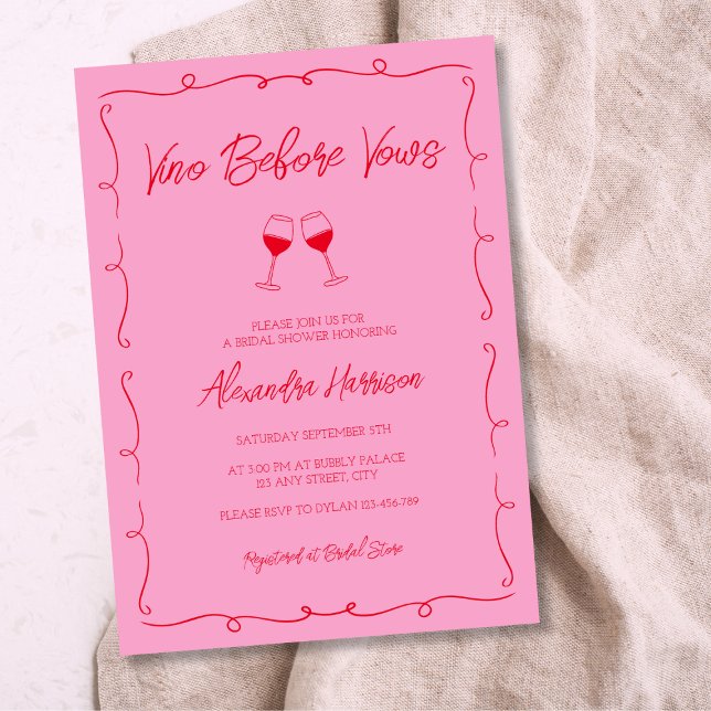 Convites Chá de panela de vinho tinto e tinto escuro desenh (Hand Drawn Bold Pink & Red Wine Bridal Shower Invitation)