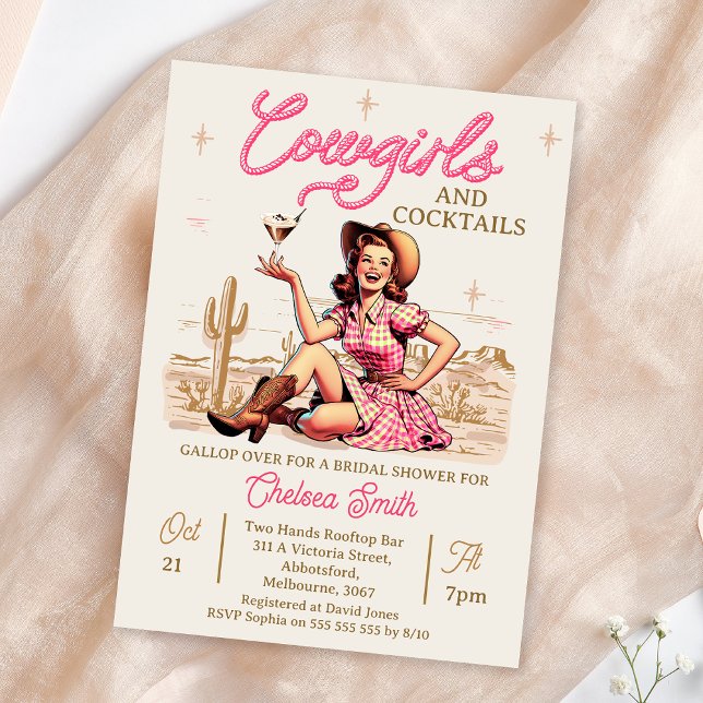 Convites Chá de panela de Vintage Pink Cocktails (Vintage Cowgirl Bridal Shower Invitation Template, Retro Western Cowgirls Bridal Shower Invitations)