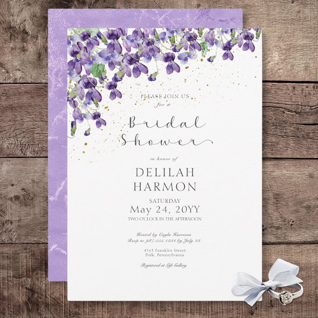 Convites Chá de panela de Violetas Roxo Rústico (Rustic Purple Watercolor Violets Bridal Shower Invitation)