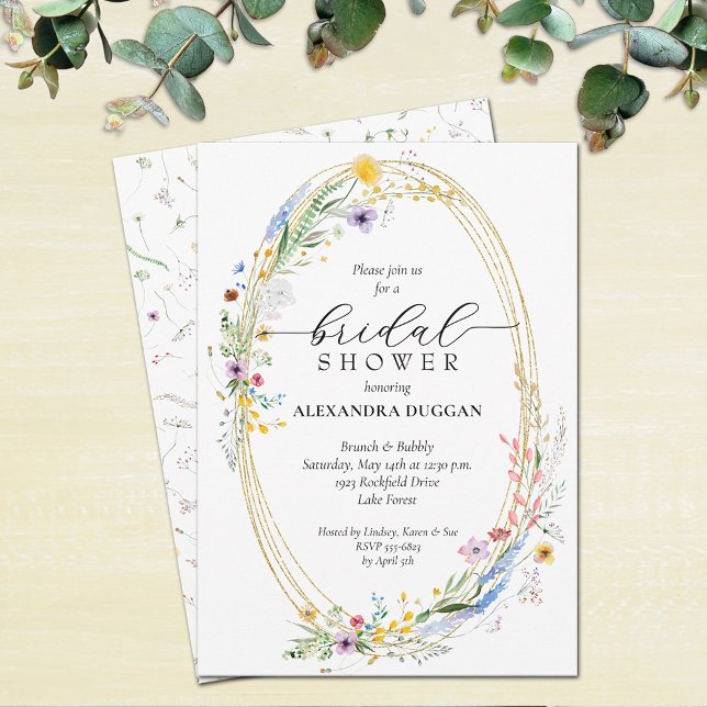 Convites Chá de panela de Wreath Wildflower (Watercolor wreath of wildflowers bridal shower invitations - INSTANT DOWNLOAD, PRINTED or both)