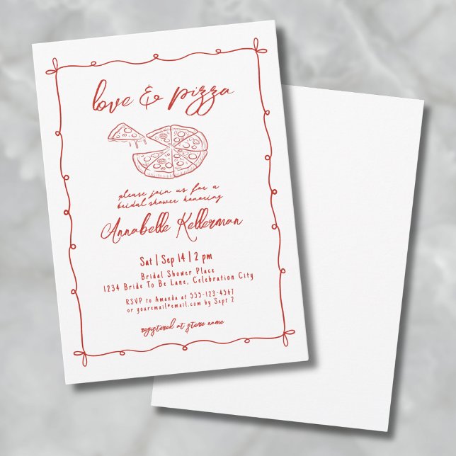 Convites Chá de panela Desenhado Da Pizza Vermelha Whimsica (Whimsical Red Love Pizza Hand Drawn Bridal Shower Invitation)