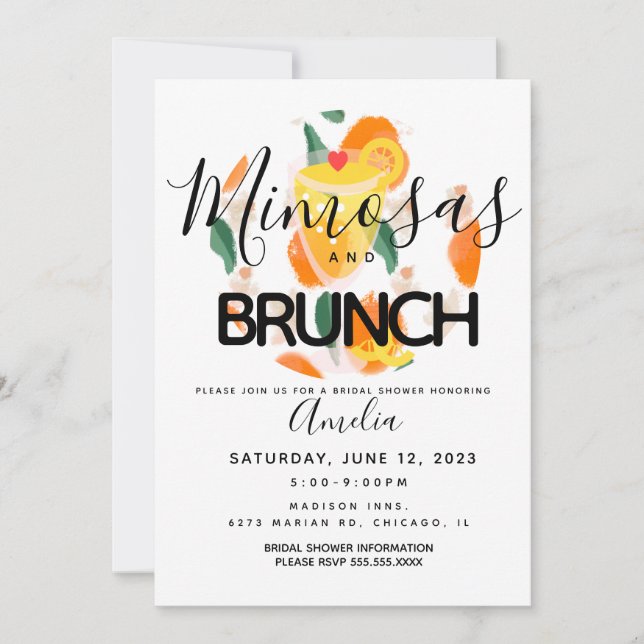 Convites Chá de panela Desenhado Mimosa Brunch (Frente)