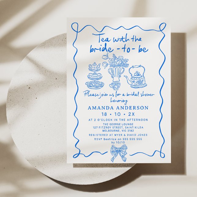Convites Chá de panela Desenho Da Mão Do Chá Azul Whimsical (Hand Drawn Tea With bride to Be Bridal Shower Invitation, Hand Drawn Bridal Tea Invitation, Blue)