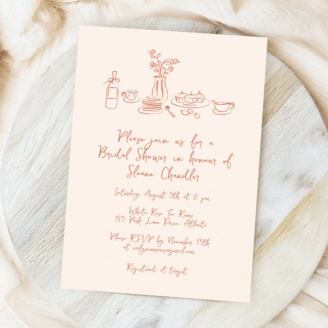 Convites Chá de panela Desenho Da Mão Escrivível Whimsical (whimsical food and drink doodles bridal shower invitation in light peach)
