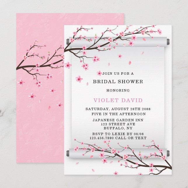 Convites Chá de panela do Blossom de Cereja de Rolamento Ja (Frente/Verso)
