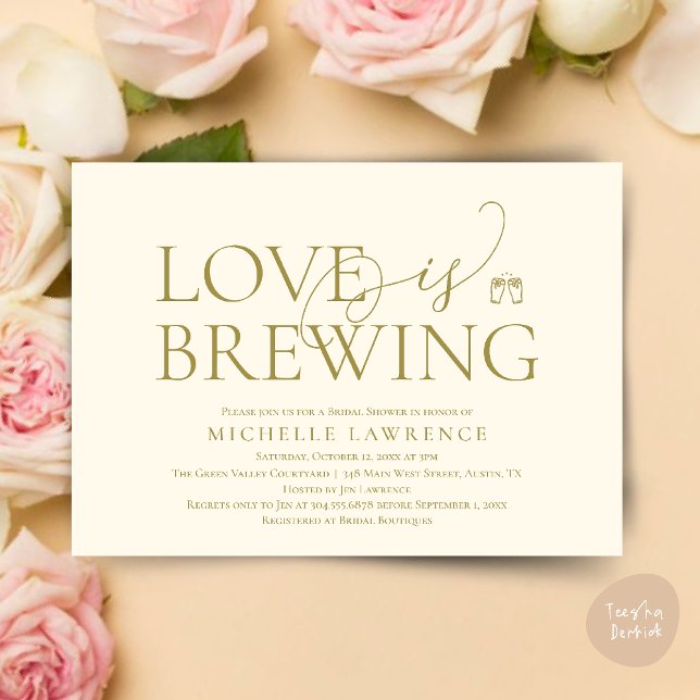 Convites Chá de panela do Classy Beer Party, O amor está se (Classy Beer Party Bridal Shower, Love is brewing modern romantic invites Card PDF in yellow gold)