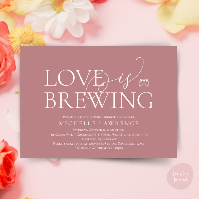 Convites Chá de panela do Classy Beer Party, O amor está se (Classy Beer Party Bridal Shower, Love is brewing modern romantic invites Card PDF in Dusty rose pink)