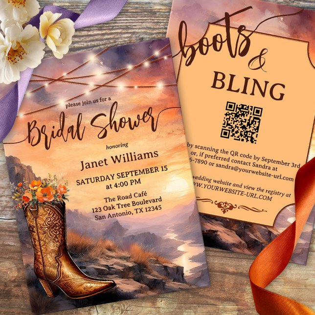 Convites Chá de panela do Country and Western Boots (Watercolor bridal shower invitation featuring a cowboy boot and string lights outdoors - QR code)