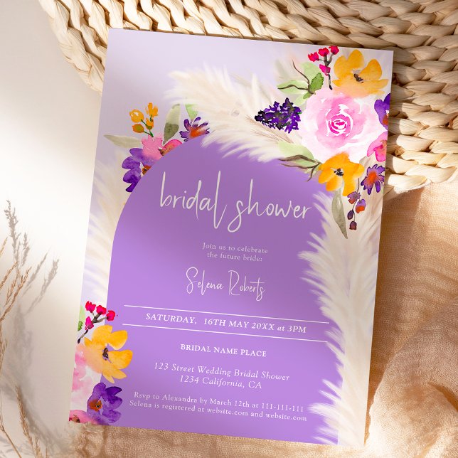 Convites Chá de panela do deserto do Pampas floral roxo de  (Boho purple floral pampas desert Bridal shower Invitation)