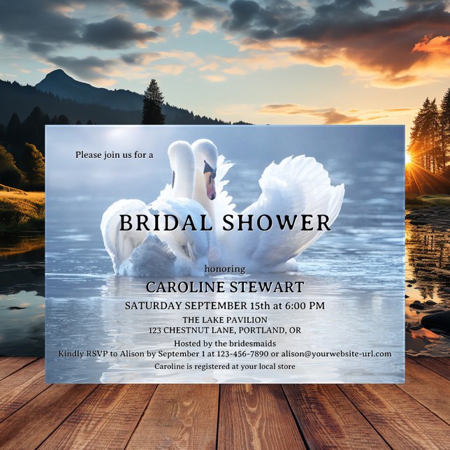 Convites Chá de panela do lago Elegante Swan (Elegant dreamy bridal shower invitation featuring two swans in love on a hazy sunlit lake)
