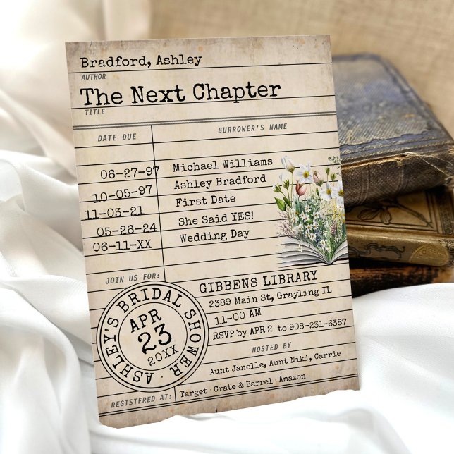 Convites Chá de panela do Livro de Flores Selvagens da Bibl (Rustic library card floral books vintage typewriter font The Next Chapter Bridal Shower Invitation)