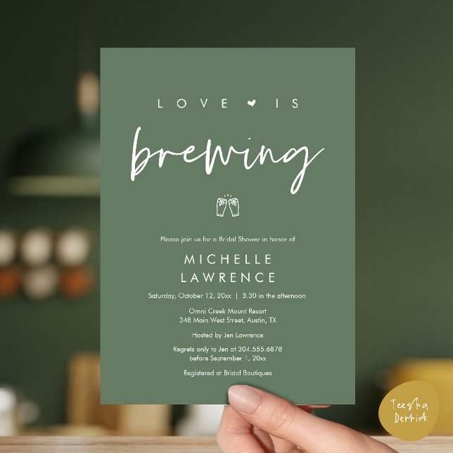 Convites Chá de panela do Partido da Cerveja Romântica Mode (Beer Party Bridal Shower, Love is brewing Invitation card modern romance sage green)