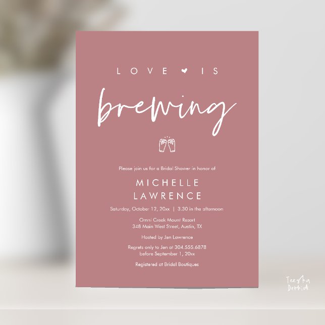 Convites Chá de panela do Partido da Cerveja Romântica Mode (Beer Party Bridal Shower, Love is brewing Invitation card modern romance dusty rose pink)