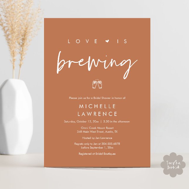 Convites Chá de panela do Partido da Cerveja Romântica Mode (Beer Party Bridal Shower, Love is brewing Invitation card modern romance copper brown)