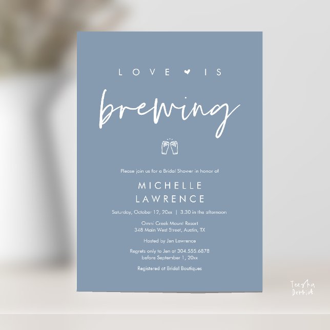 Convites Chá de panela do Partido da Cerveja Romântica Mode (Beer Party Bridal Shower, Love is brewing Invitation card modern romance dusty blue)