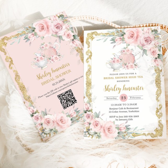 Convites Chá de panela do Partido do Tea Floral Rosa-Blush  (blush pink floral vintage gold bridal shower high tea party invitation cards with QR code registry)
