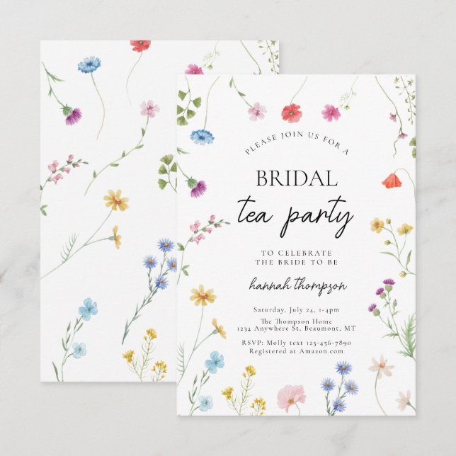 Convites Chá de panela do Partido Tea de Flor Selvagem (Frente/Verso)