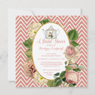 Convites Chá de panela do Tea Party Chevron Stripes Rosa