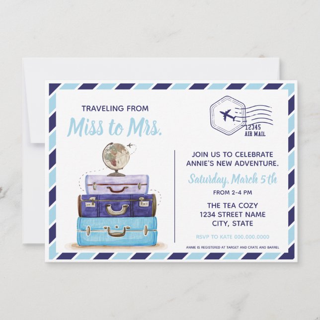 Convites Chá de panela do tema viagem azul (Frente)