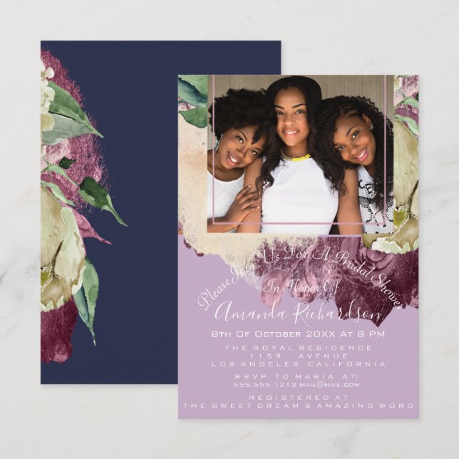 Convites Chá de panela Doce 16ª Foto Rosas Roxos Floral (Frente/Verso)