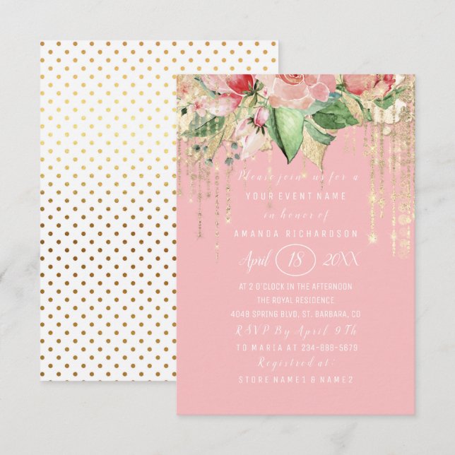 Convites Chá de panela doce 16ª Rosa Rosa Dourada Spark (Frente/Verso)