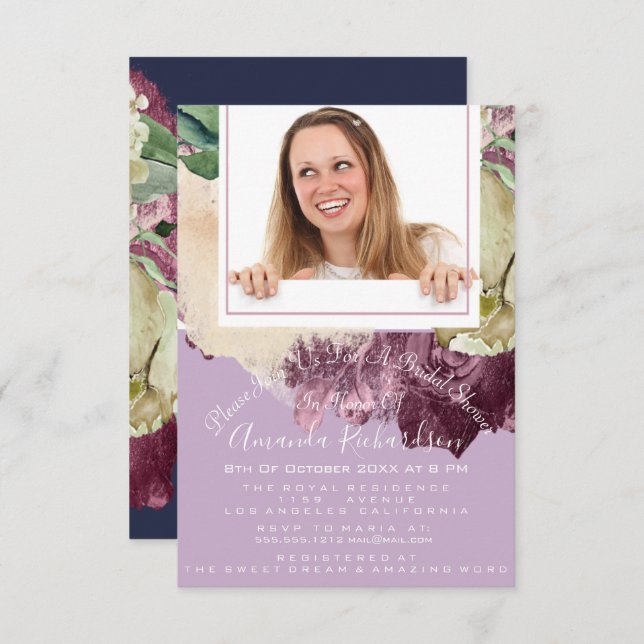 Convites Chá de panela Doce 16º Marinho de Foto Purple Flor (Frente/Verso)