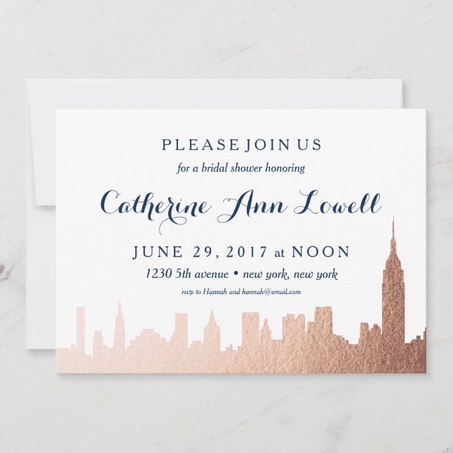 Convites Chá de panela Dourada Rosa do Skyline Faux de Nova (Frente)