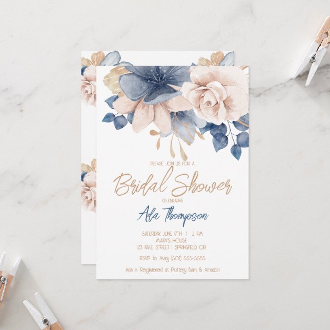 Convites Chá de panela Dourado, azul e Rosa (Frente/Verso In Situ)