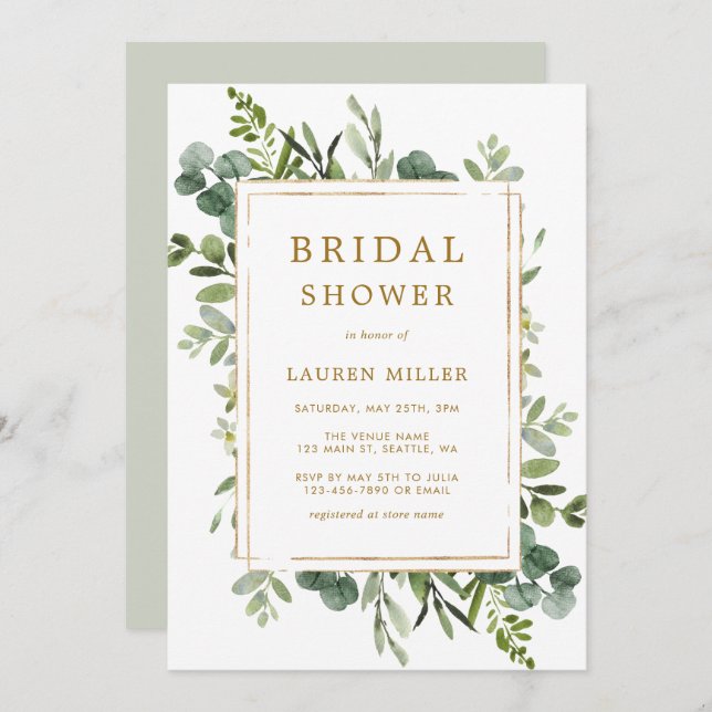 Convites Chá de panela Dourado botânico (Frente/Verso)