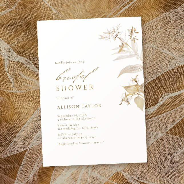 Convites Chá de panela Dourado Botânico Elegante (Elegant Modern Gold Botanical Floral Bridal Shower Invitation)
