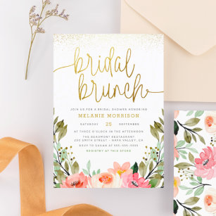 Convites Chá de panela Dourado Bridal Floral Cor-de-Rosa Ro