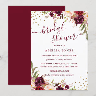 Convites Chá de panela Dourado Confetti Floral Burgundy