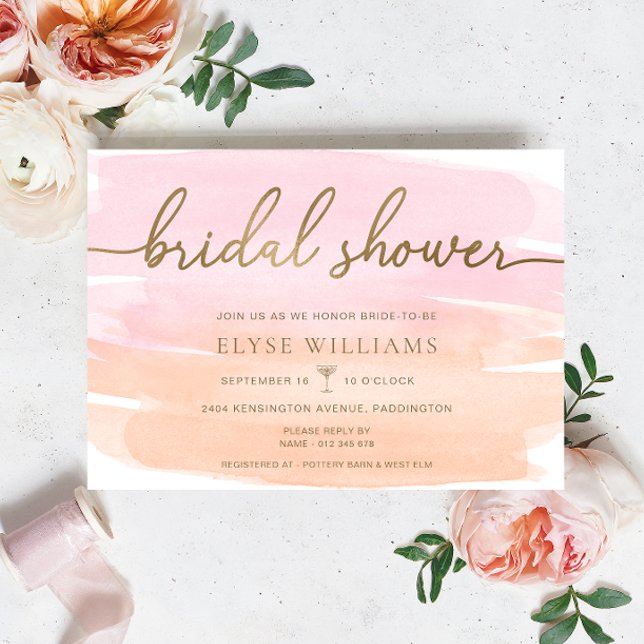Convites Chá de panela Dourado Cor de Água Laranja Rosa (Bridal Shower Invitation Peach Pink Watercolour Gold )