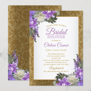 Convites Chá de panela - Dourado Damask & Lavanda Purple