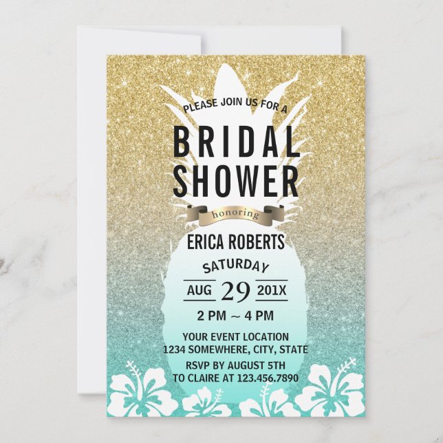 Convites Chá de panela Dourado de abacaxi tropical (Frente)