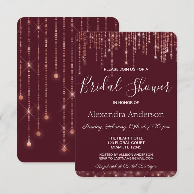 Convites Chá de panela Dourado de Borgonha e Rosa (Frente/Verso)