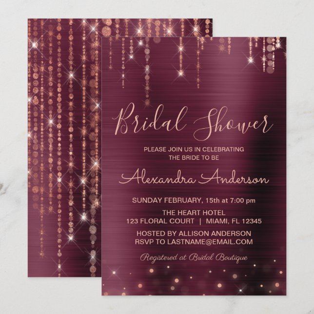 Convites Chá de panela Dourado de Borgonha e Rosa (Frente/Verso)