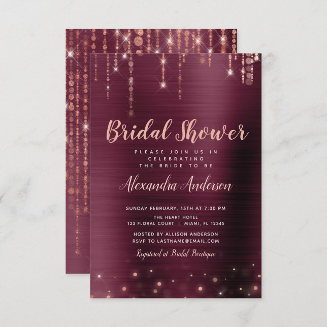 Convites Chá de panela Dourado de Borgonha e Rosa (Frente/Verso)