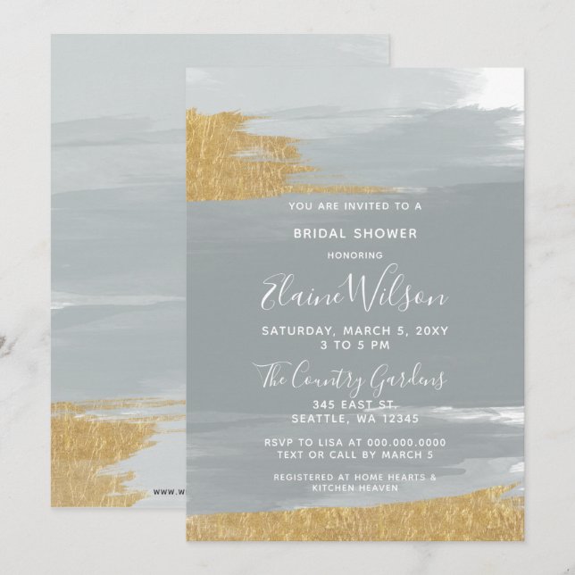 Convites Chá de panela Dourado de Caligrafia Azul (Frente/Verso)